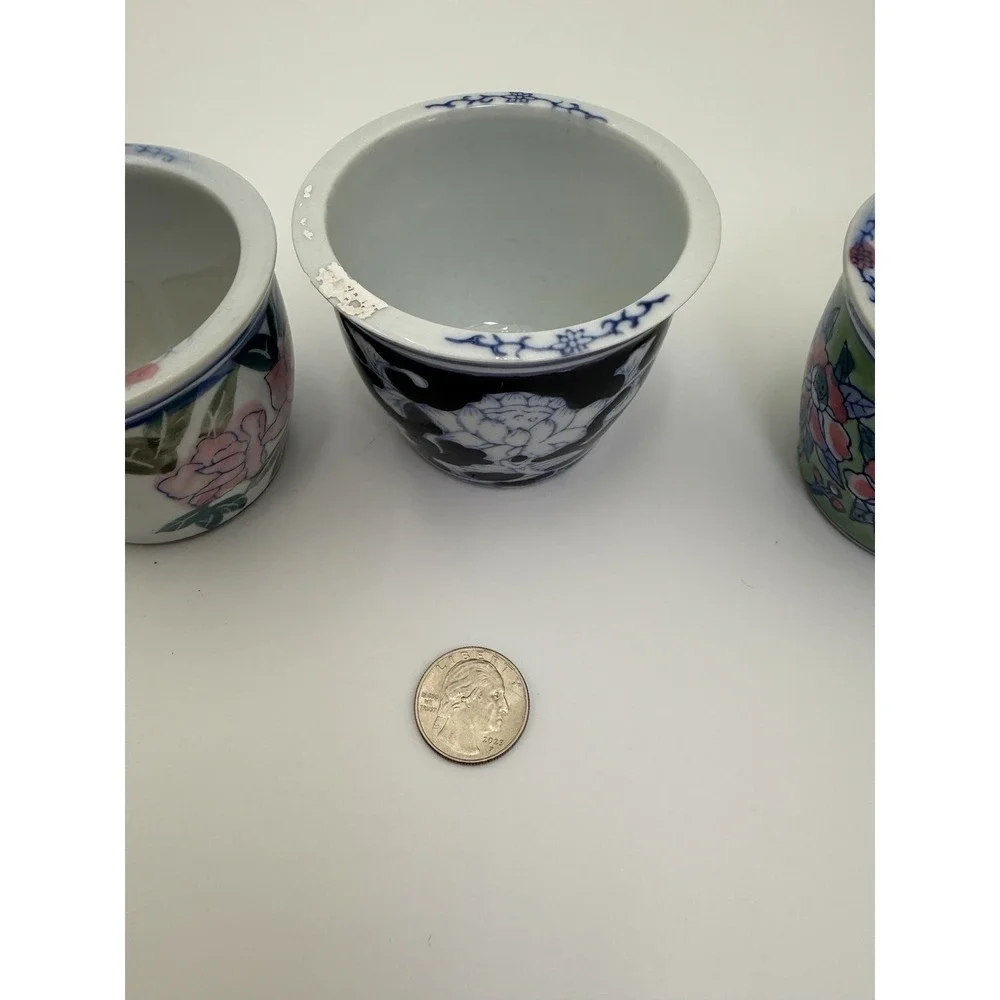 Vintage Trio‎ of Mini Chinoiserie Porcelain Planter Floral 3